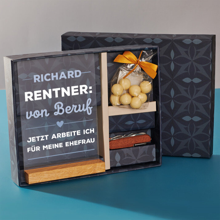 Geschenkset für Rentner mit Druck auf Acrylglas und Taschenmesser