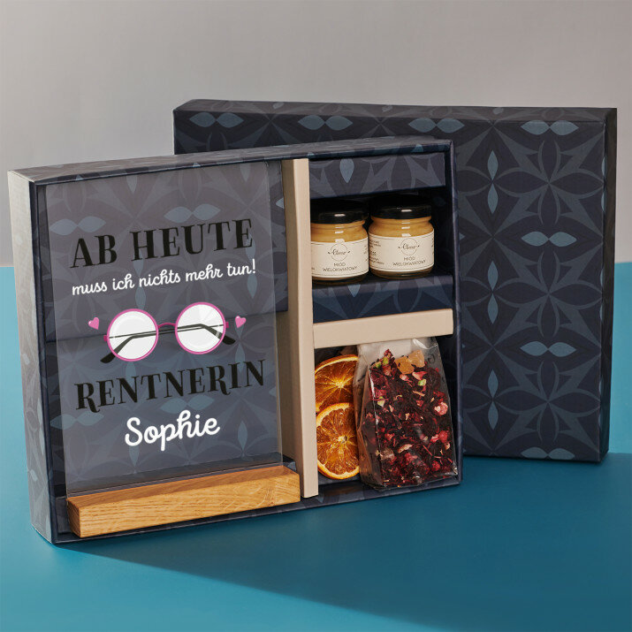 Geschenkset für Rentnerin mit Druck auf Acrylglas und Tee