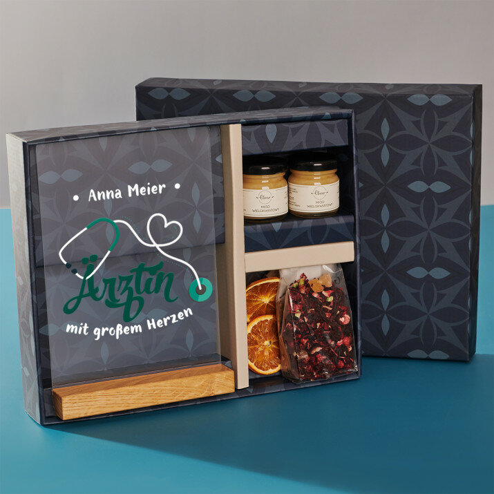 Geschenkset für Arzt mit Druck auf Acrylglas und Tee