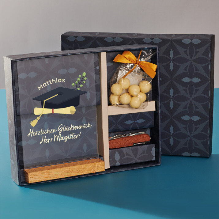Geschenkset für Magister mit Druck auf Acrylglas und Taschenmesser