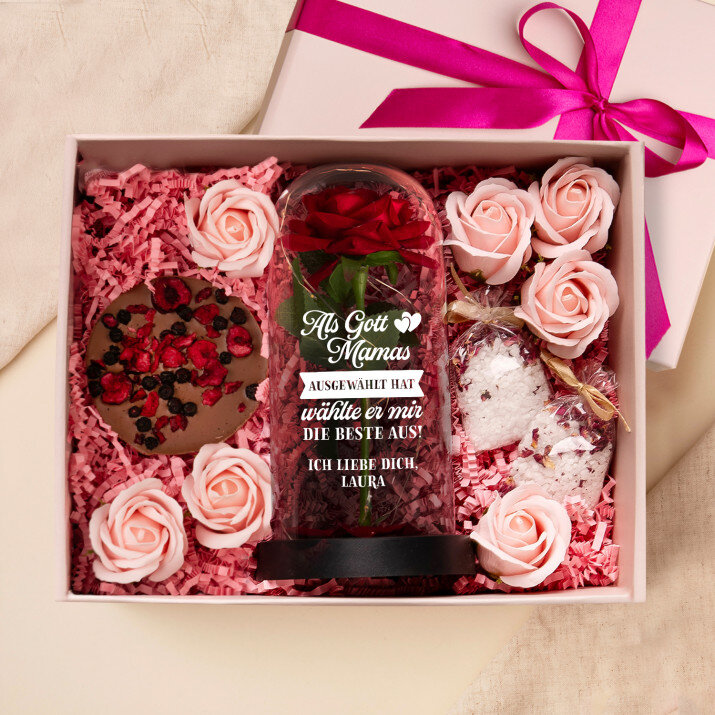 Geschenkset für Mama mit Ewiger Rose, Schokolade und Badesalz
