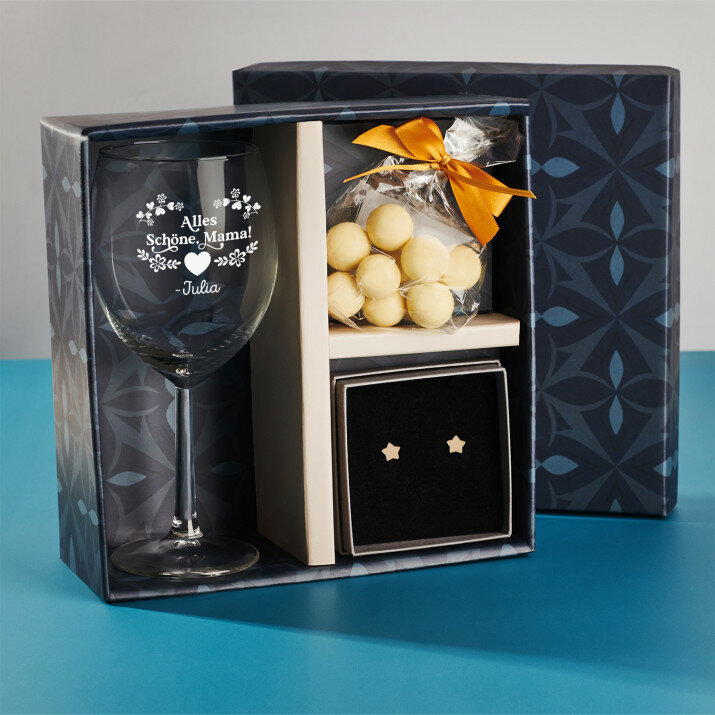 Geschenkset mit Weinglas und Ohrringen Für Mama