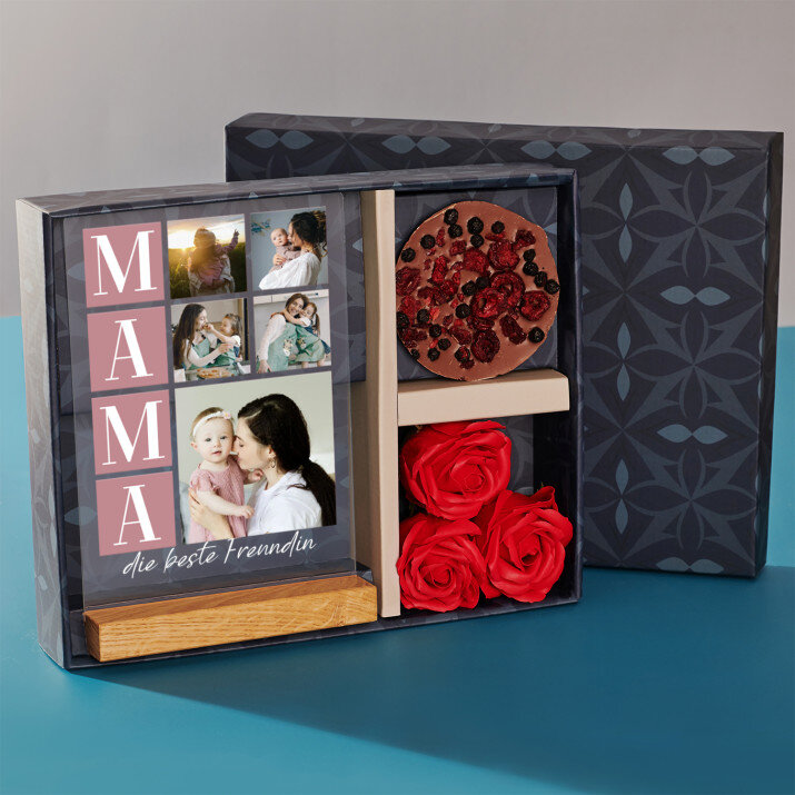 Geschenkset für Ihre Mama mit Druck auf Acrylglas und Schokolade