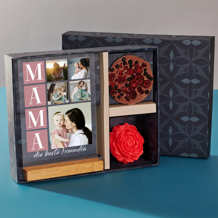 Geschenkset für Ihre Mama mit Druck auf Acrylglas und Schokolade