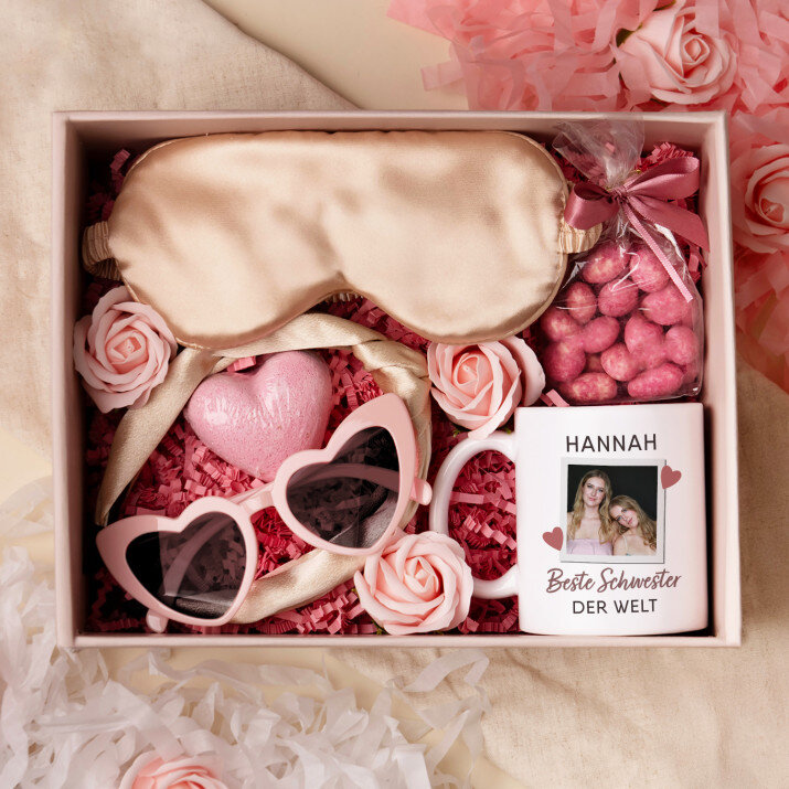 Geschenkset „Für die beste Schwester“ mit Tasse und Satin-Haarband
