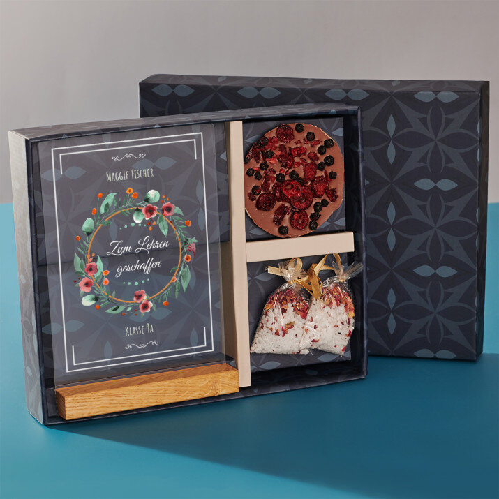 Geschenkset für Lehrerin mit Druck auf Acrylglas und Badesalz