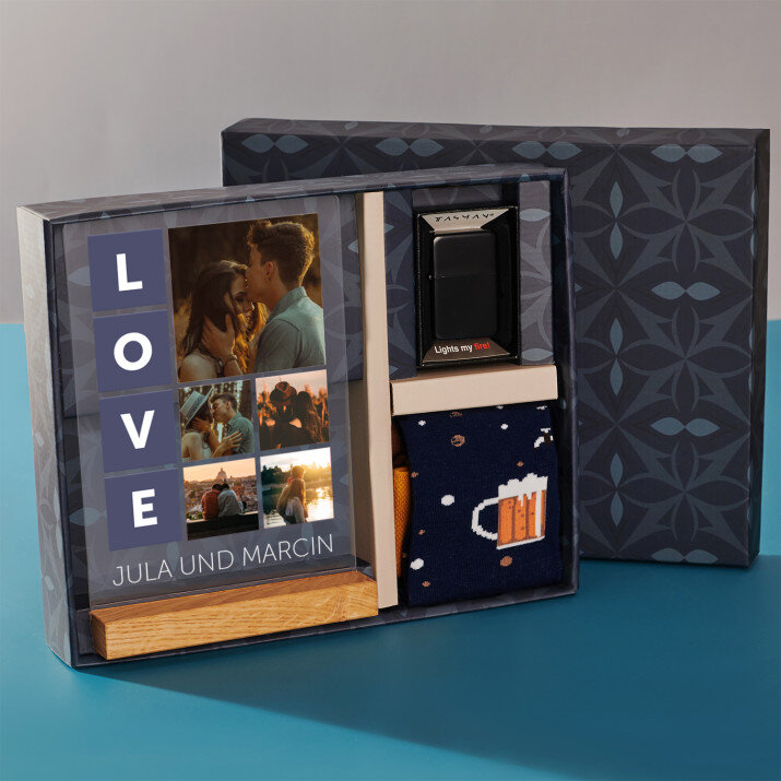 Geschenkset mit Druck auf Acrylglas und Feuerzeug für ihn zum Valentinstag