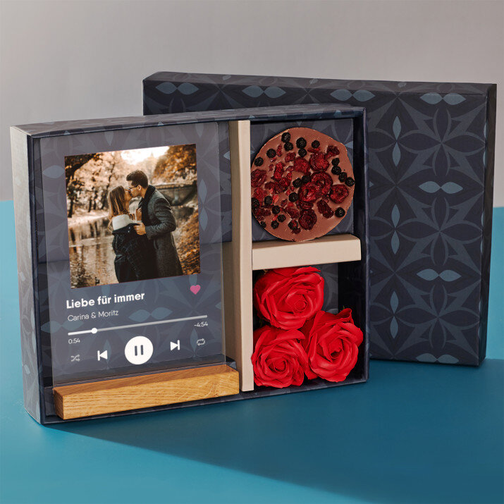 Geschenkset für sie mit Druck auf Acrylglas und Schokolade