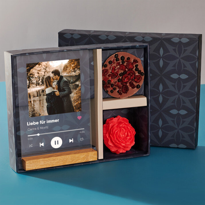 Geschenkset für sie mit Druck auf Acrylglas und Schokolade