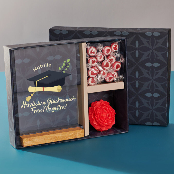 Geschenkset für Magister mit Druck auf Acrylglas und Bonbons