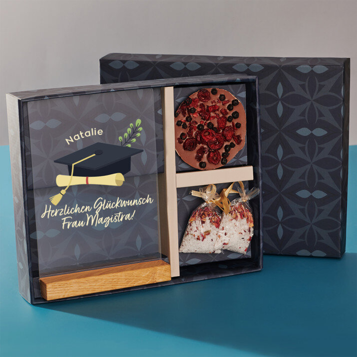 Geschenkset für Magister mit Druck auf Acrylglas und Badesalz