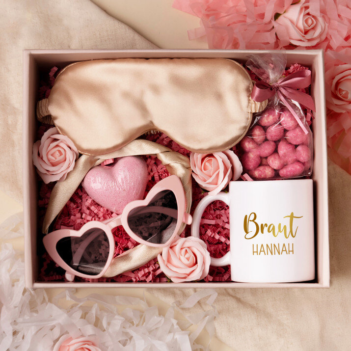 Geschenkset für die Braut mit Tasse und Satin-Haarband