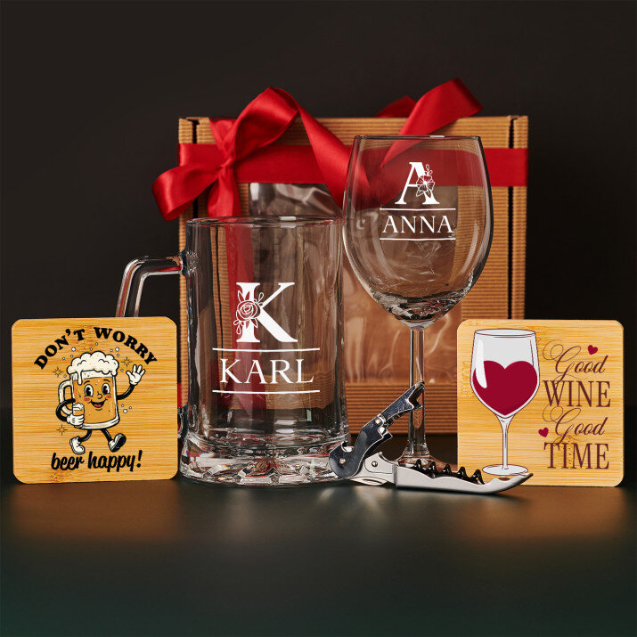 Geschenkset für ein Paar 2 mit Weinglas und Bierkrug