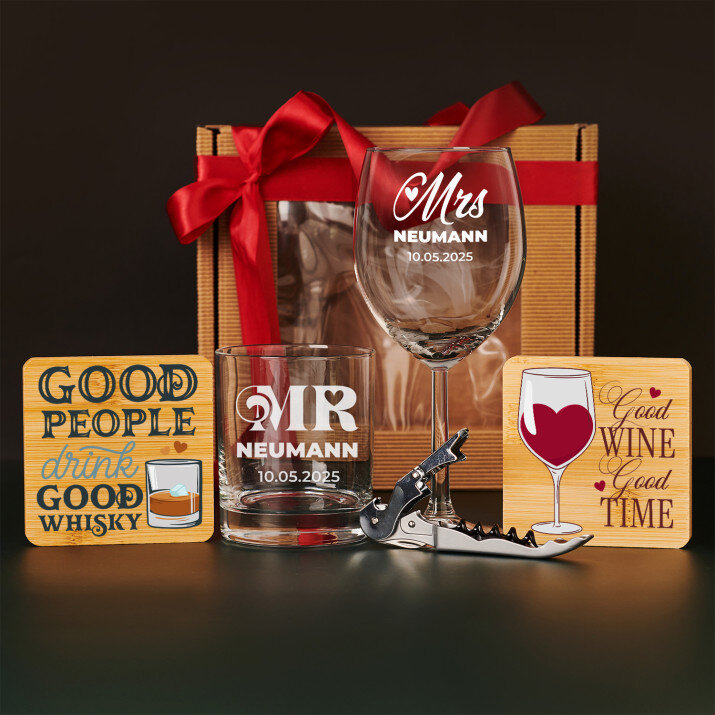 Geschenkset für das Brautpaar zur Hochzeit mit Weinglas und Whiskyglas Geschenkset für das Brautpaar zur Hochzeit mit Weinglas und Whiskyglas