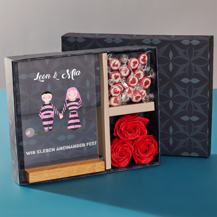 Geschenkset für Paare mit Druck auf Acrylglas und Bonbons
