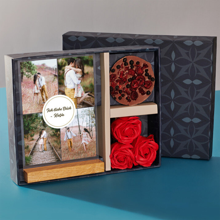 Geschenkset für Paare mit Druck auf Acrylglas und Schokolade