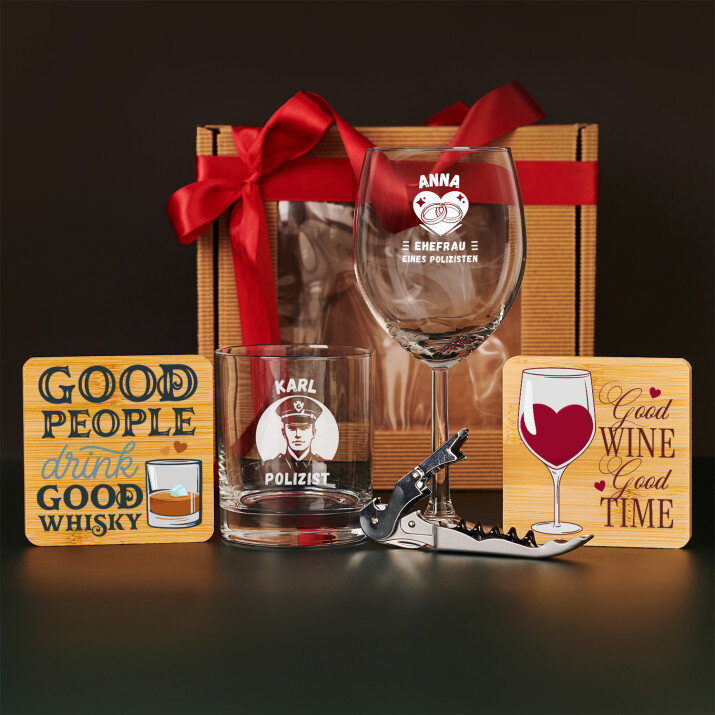 Geschenkset für einen Polizisten mit Weinglas und Whiskyglas Geschenkset für einen Polizisten mit Weinglas und Whiskyglas