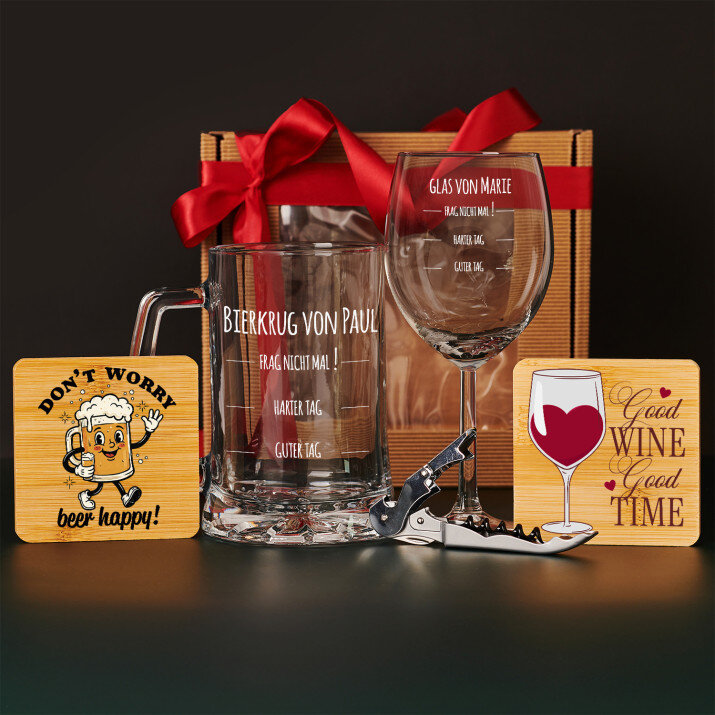 Geschenkset für Freunde mit Weinglas und Bierkrug