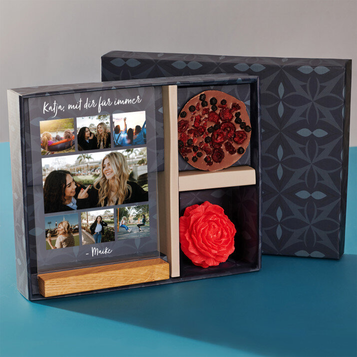Geschenkset für eine Freundin mit Druck auf Acrylglas und Schokolade