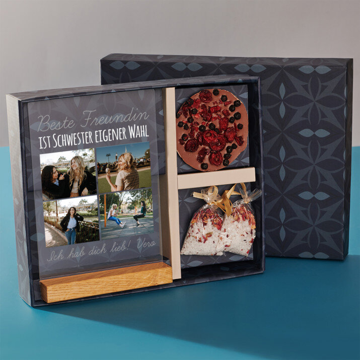 Geschenkset für eine Freundin mit Druck auf Acrylglas und Badesalz