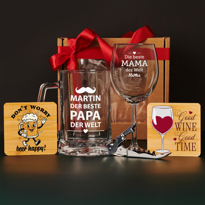 Geschenkset für Eltern mit Weinglas und Bierkrug