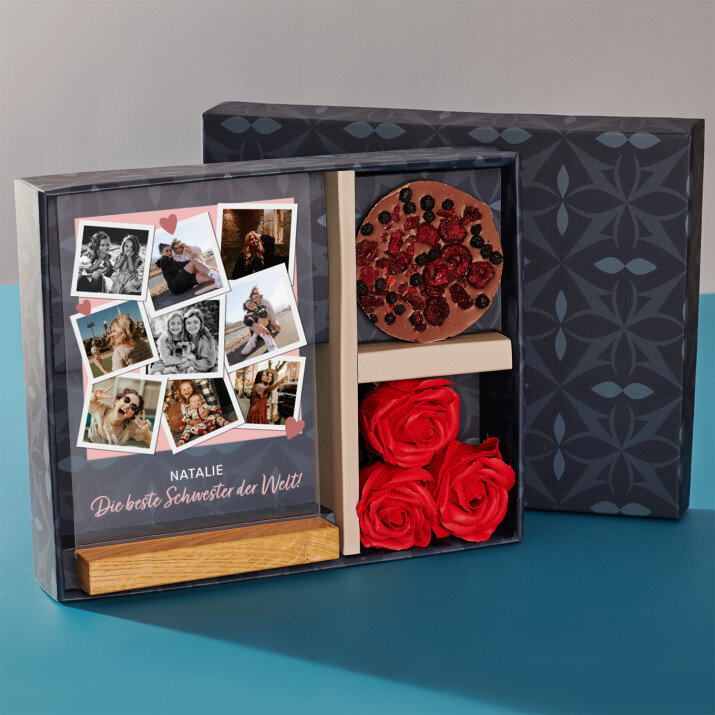 Geschenkset für Schwester mit Druck auf Acrylglas und Schokolade