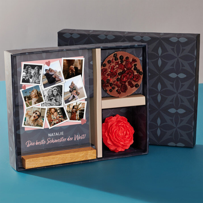 Geschenkset für Schwester mit Druck auf Acrylglas und Schokolade