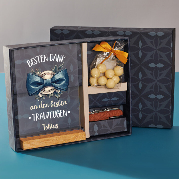 Geschenkset für Trauzeugen mit Druck auf Acrylglas und Taschenmesser