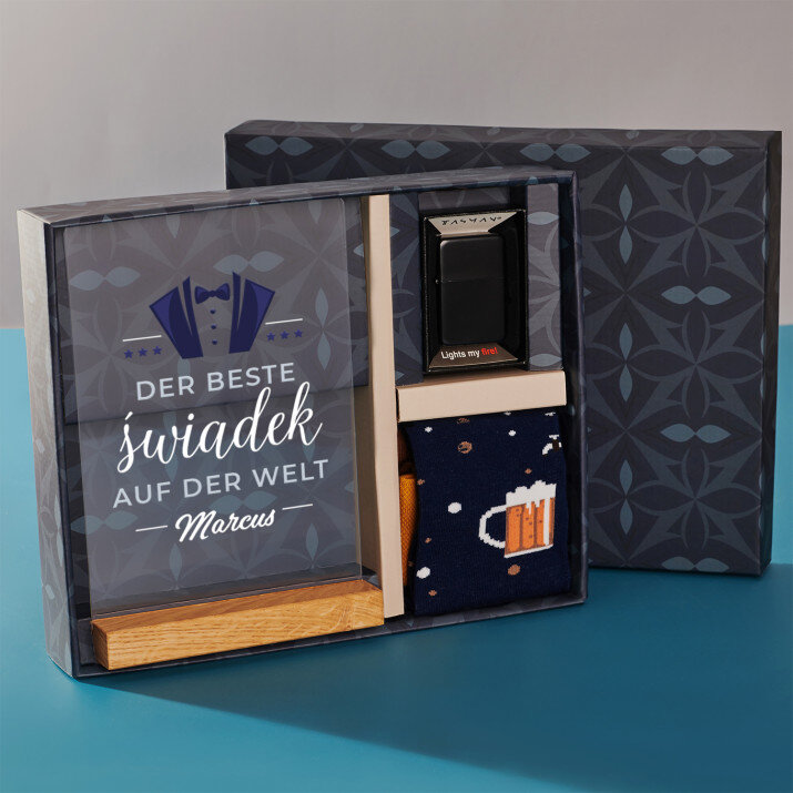 Geschenkset mit Druck auf Acrylglas und Feuerzeug für Trauzeugen