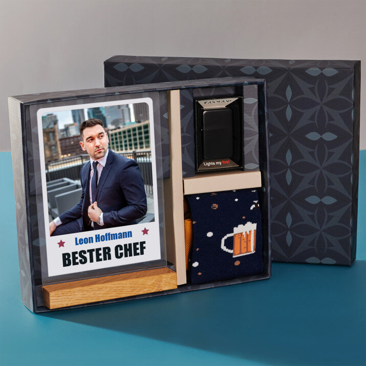 Geschenkset mit Druck auf Acrylglas und Feuerzeug für Chef