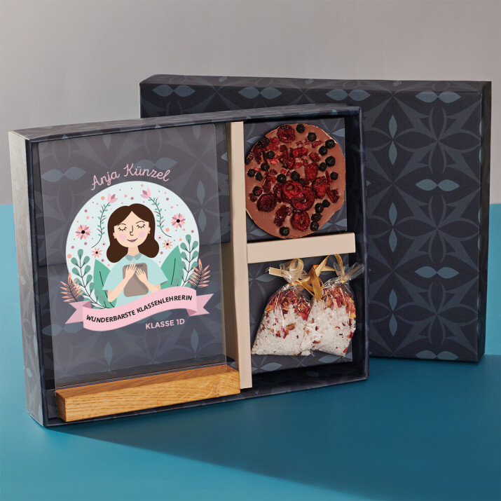 Geschenkset für Klassenlehrerin mit Druck auf Acrylglas und Badesalz