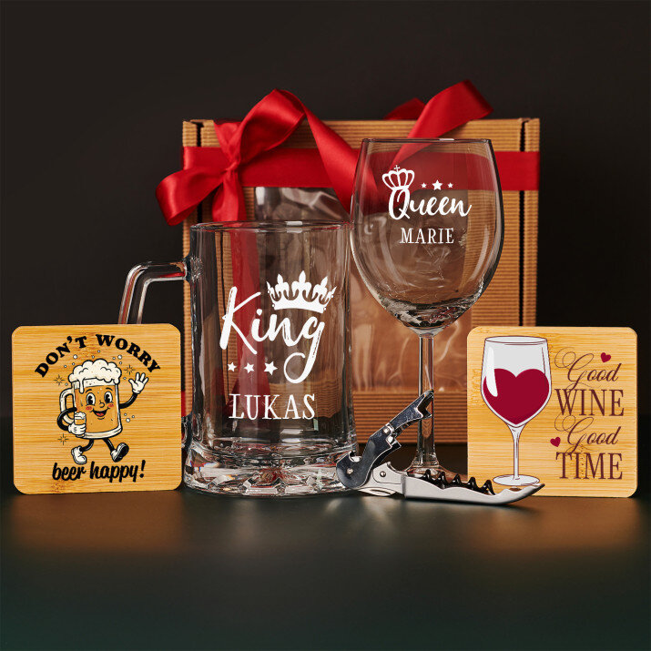 Geschenkset für Verliebte 2 mit Weinglas und Bierkrug