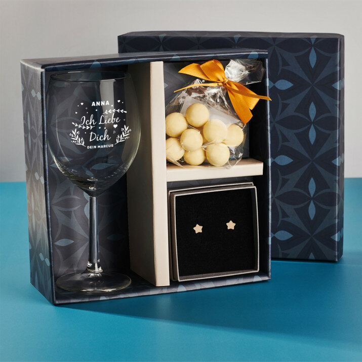 Geschenkset mit Weinglas und Ohrringen Für Ehefrau