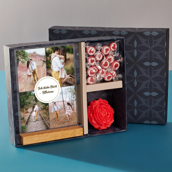 Geschenkset für Ehefrau mit Druck auf Acrylglas und Bonbons