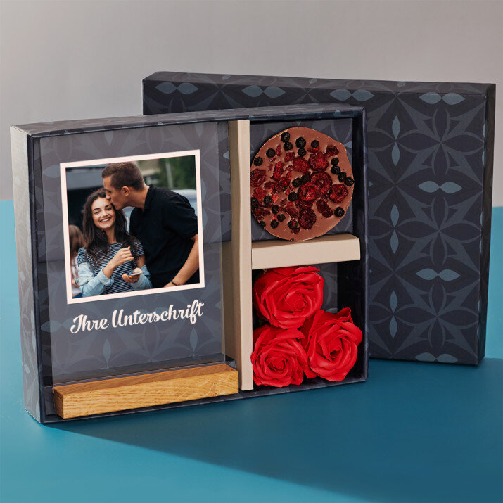 Geschenkset für Ehefrau mit Druck auf Acrylglas und Schokolade
