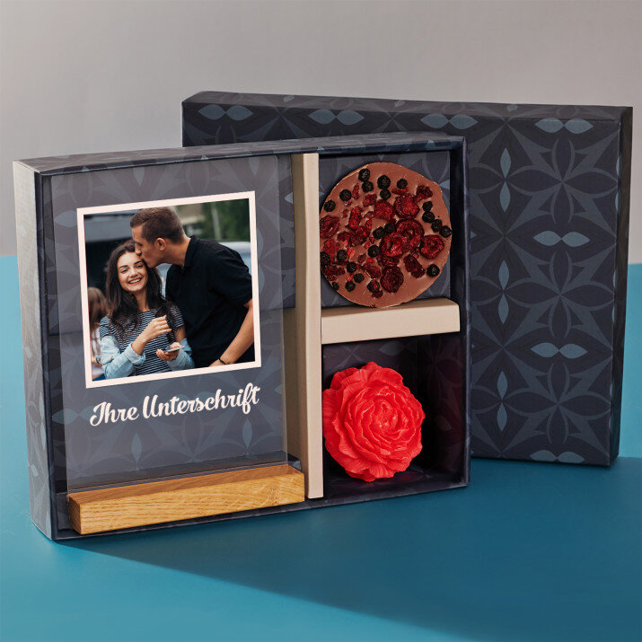 Geschenkset für Ehefrau mit Druck auf Acrylglas und Schokolade