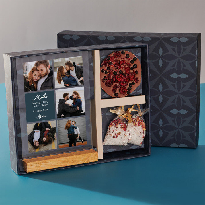 Geschenkset für Ehefrau mit Druck auf Acrylglas und Badesalz