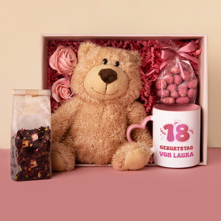 Set mit Tasse, Teddybär und Süßigkeiten Zum 18. Geburtstag