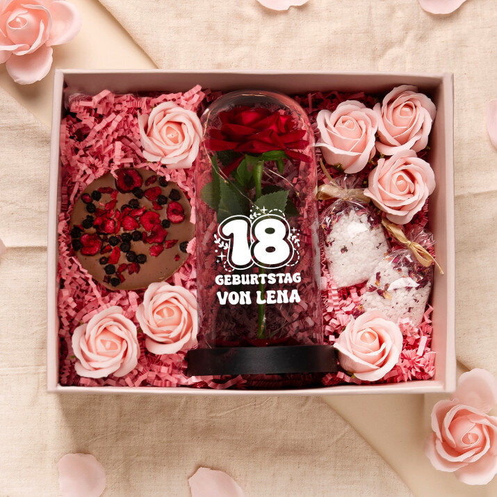 Geschenkset zum 18. Geburtstag mit Ewiger Rose, Schokolade und Badesalz