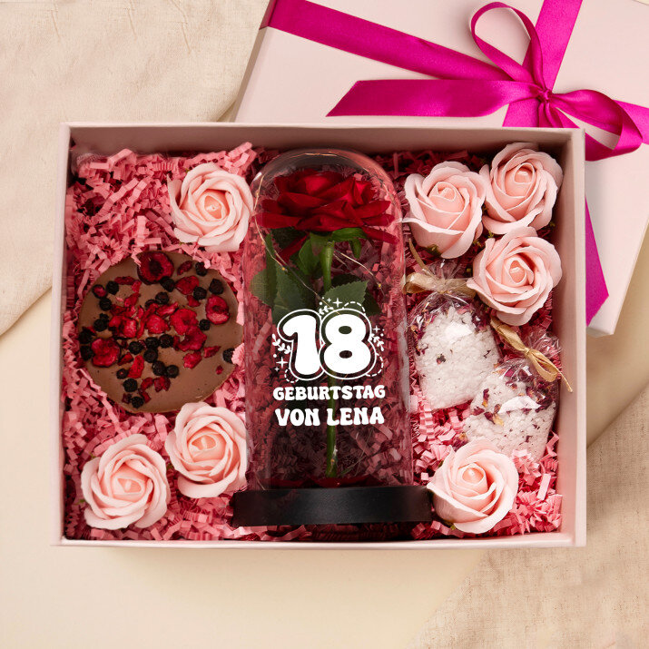 Geschenkset zum 18. Geburtstag mit Ewiger Rose, Schokolade und Badesalz