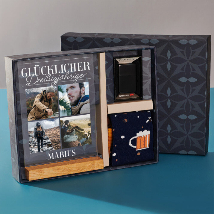 Geschenkset mit Druck auf Acrylglas und Feuerzeug zum 30. Geburtstag