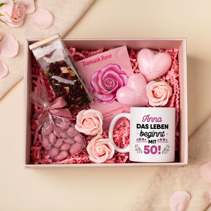 Tasse und Rosen-Spa-Set zum 50. Geburtstag