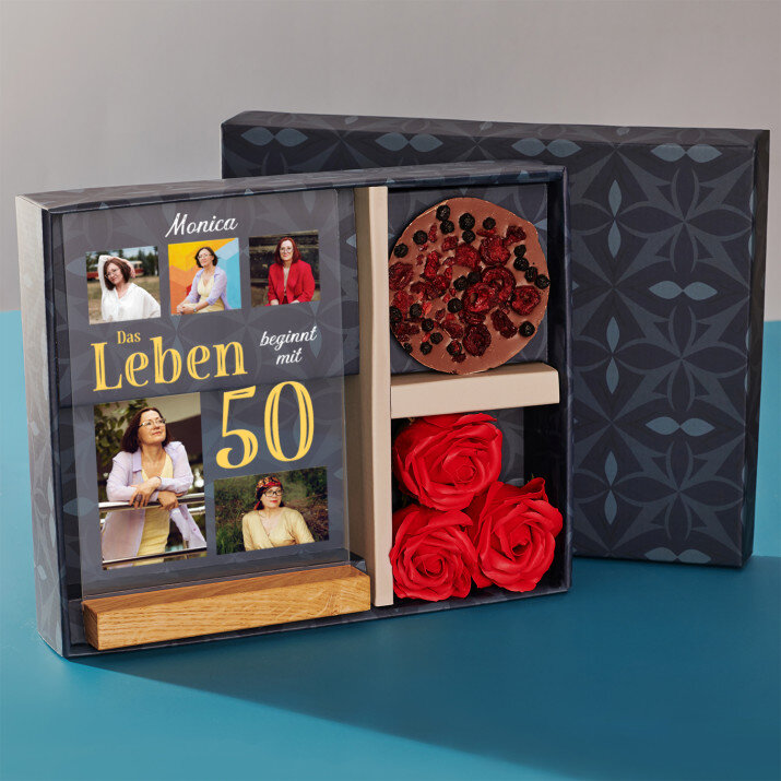 Geschenkset zum 50. Geburtstag mit Druck auf Acrylglas und Schokolade