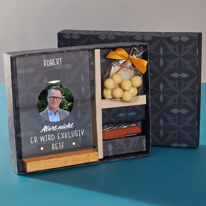 Geschenkset zum 60. Geburtstag mit Druck auf Acrylglas und Taschenmesser