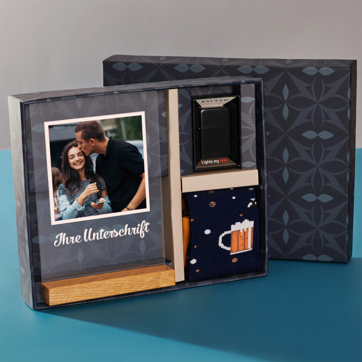 Geschenkset mit Druck auf Acrylglas und Feuerzeug zum Männertag