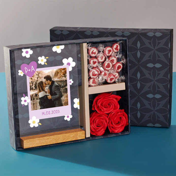 Geschenkset zum Frauentag mit Druck auf Acrylglas und Bonbons