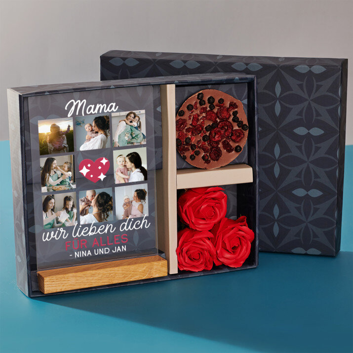 Geschenkset zum Muttertag mit Druck auf Acrylglas und Schokolade