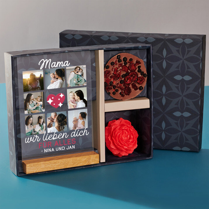 Geschenkset zum Muttertag mit Druck auf Acrylglas und Schokolade