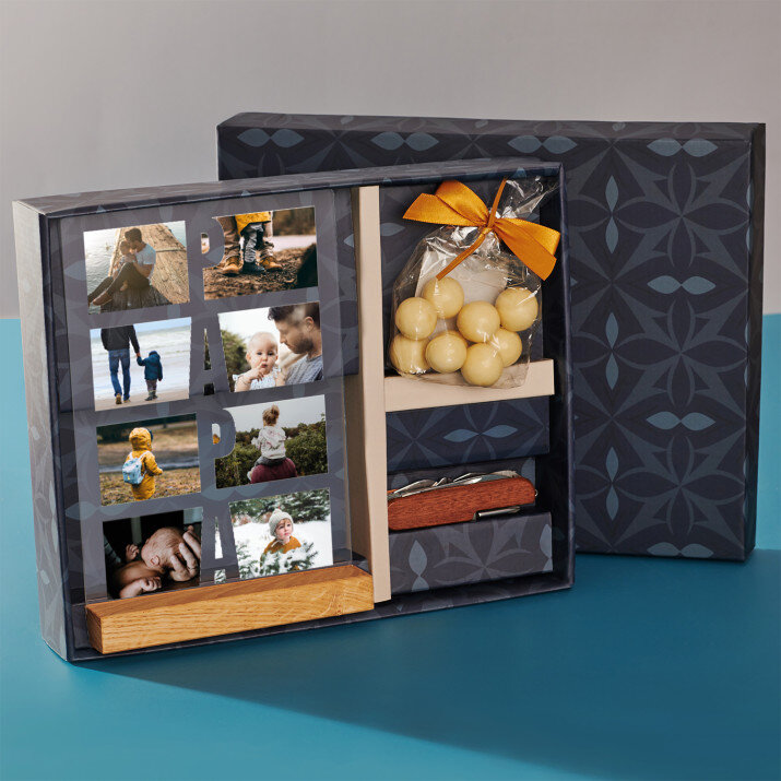 Geschenkset zum Vatertag mit Druck auf Acrylglas und Taschenmesser