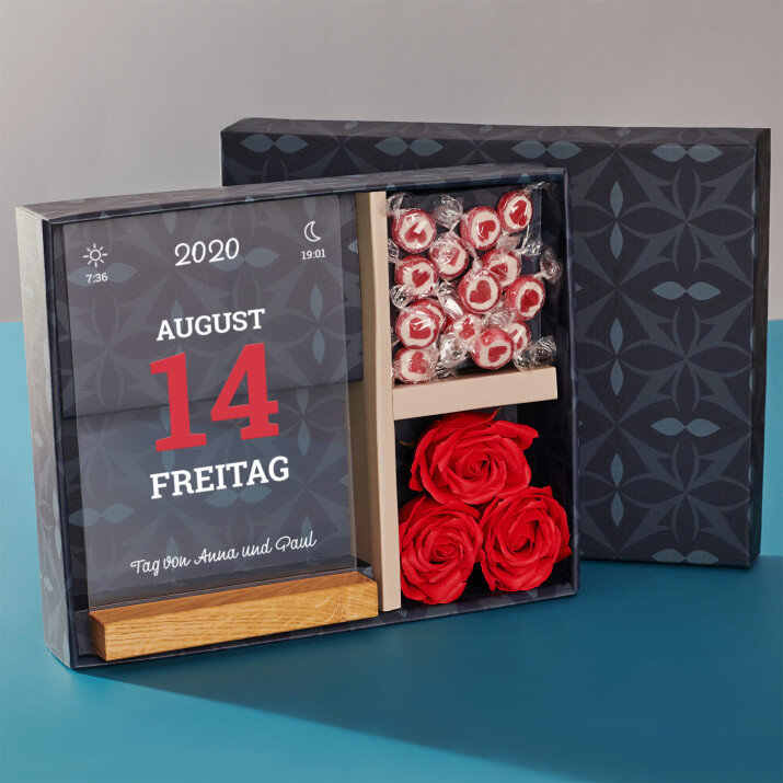 Geschenkset zum Namenstag mit Druck auf Acrylglas und Bonbons